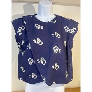 SEA New York Sz 6 Blue Floral Linen Wrap Front Top Boxy Asymmetrical Wrap Front